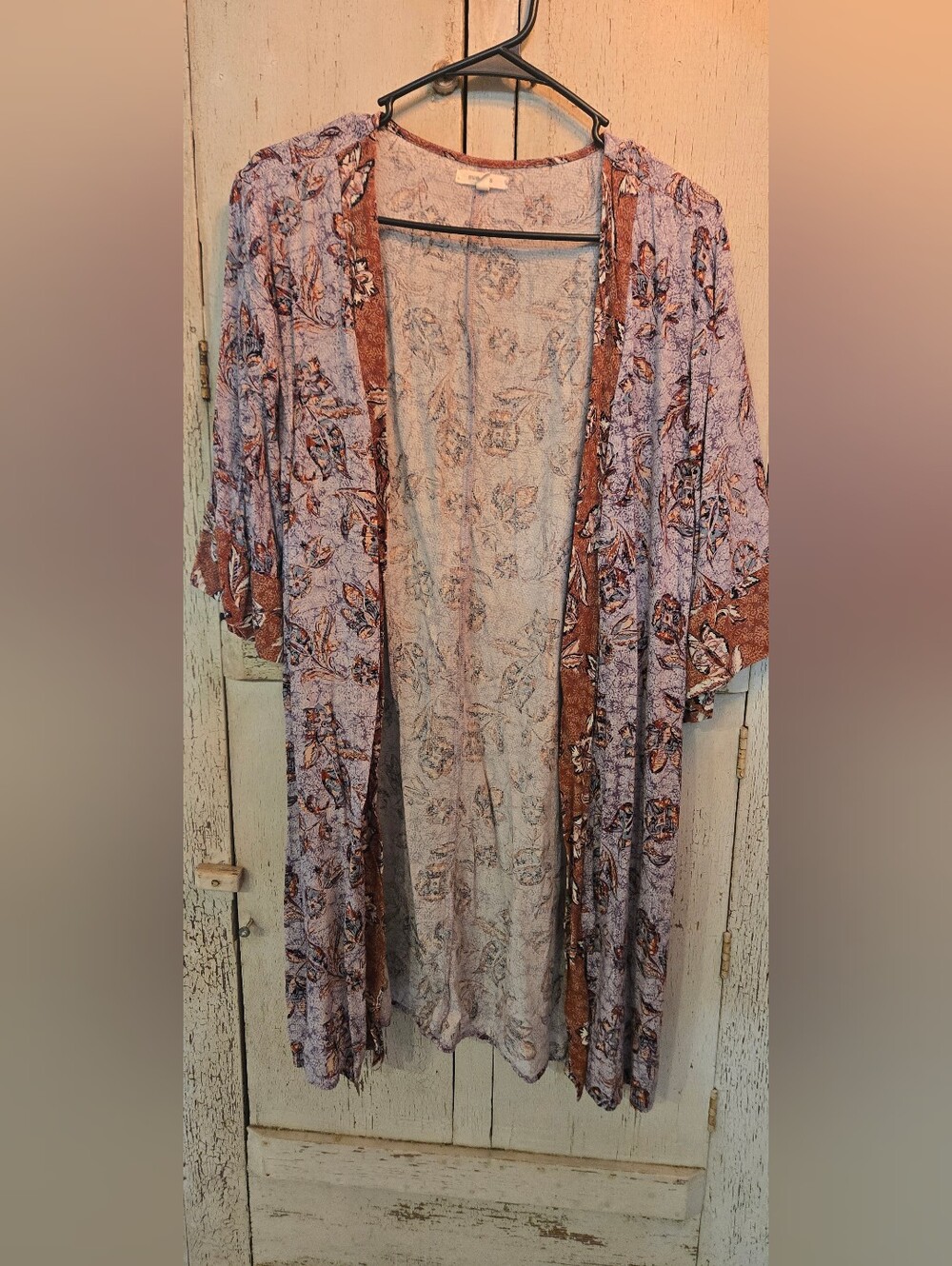 Maurices Floral Kimono Cardigan M Lavender Rust Boho Bell Sleeve Duster